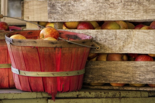 Хранение урожая яблок в деревянных ящиках и корзинах
