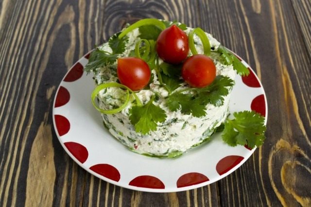 Выкладываем на тарелку салат с творогом, шпинатом и кинзой. Украшаем зеленью и помидорами